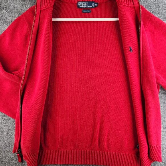 Polo Ralph Lauren Full Zip XL Red Knit Blue Pony Logo Cotton Men Jacket Sweater - Picture 9 of 15